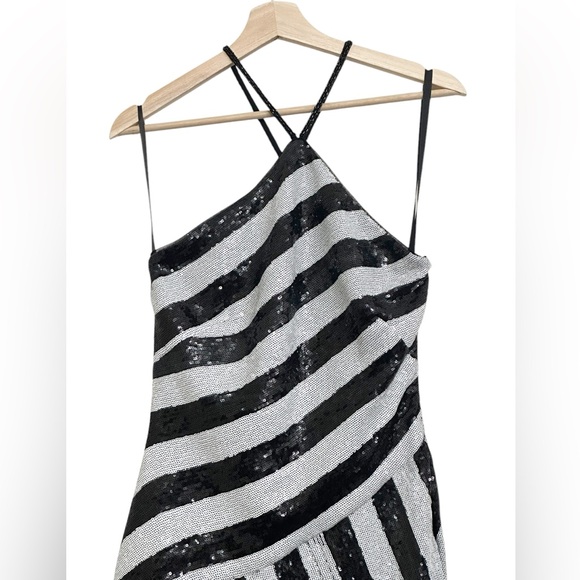 Lauren Ralph Lauren Sequin Striped Halter Neck Gown in Black/ White Size 8 - Picture 11 of 16